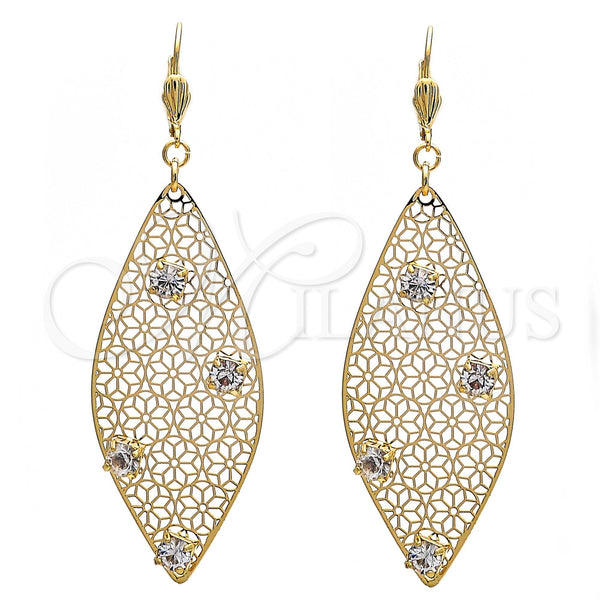 Oro Laminado Dangle Earring, Gold Filled Style Leaf and Flower Design, with White Crystal, Polished, Golden Finish, 64.008
