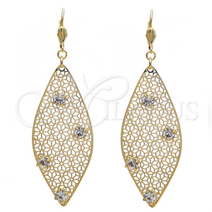 Oro Laminado Dangle Earring, Gold Filled Style Leaf and Flower Design, with White Crystal, Polished, Golden Finish, 64.008