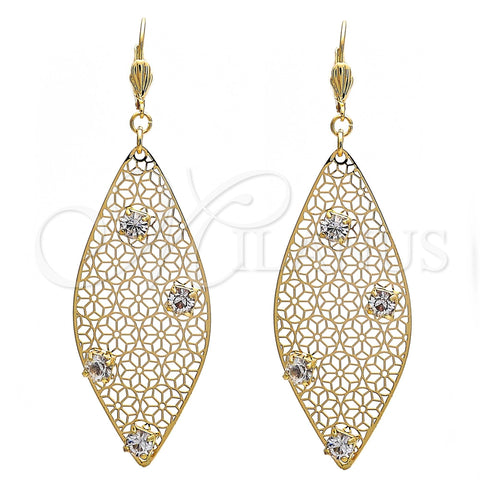 Oro Laminado Dangle Earring, Gold Filled Style Leaf and Flower Design, with White Crystal, Polished, Golden Finish, 64.008