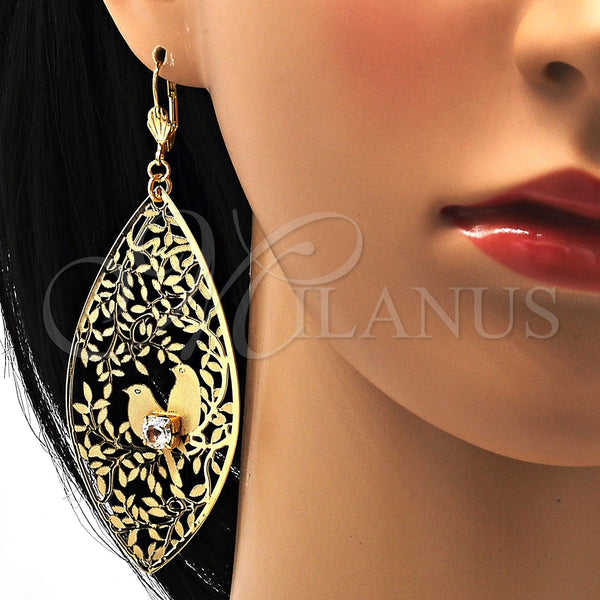 Oro Laminado Dangle Earring, Gold Filled Style Leaf and Bird Design, with White Crystal, Diamond Cutting Finish, Golden Finish, 61.003