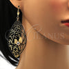 Oro Laminado Dangle Earring, Gold Filled Style Leaf and Bird Design, with White Crystal, Diamond Cutting Finish, Golden Finish, 61.003
