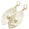 Oro Laminado Dangle Earring, Gold Filled Style Leaf and Bird Design, with White Crystal, Diamond Cutting Finish, Golden Finish, 61.003