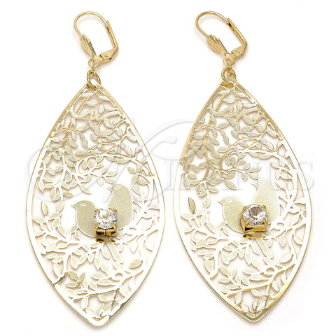 Oro Laminado Dangle Earring, Gold Filled Style Leaf and Bird Design, with White Crystal, Diamond Cutting Finish, Golden Finish, 61.003