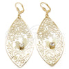 Oro Laminado Dangle Earring, Gold Filled Style Leaf and Bird Design, with White Crystal, Diamond Cutting Finish, Golden Finish, 61.003