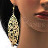 Oro Laminado Dangle Earring, Gold Filled Style Leaf and Dragon-Fly Design, with White Crystal, Diamond Cutting Finish, Golden Finish, 68.003