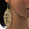 Oro Laminado Dangle Earring, Gold Filled Style Leaf and Dragon-Fly Design, with White Crystal, Diamond Cutting Finish, Golden Finish, 68.003