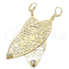 Oro Laminado Dangle Earring, Gold Filled Style Leaf and Dragon-Fly Design, with White Crystal, Diamond Cutting Finish, Golden Finish, 68.003