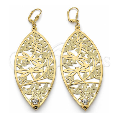 Oro Laminado Dangle Earring, Gold Filled Style Leaf and Dragon-Fly Design, with White Crystal, Diamond Cutting Finish, Golden Finish, 68.003