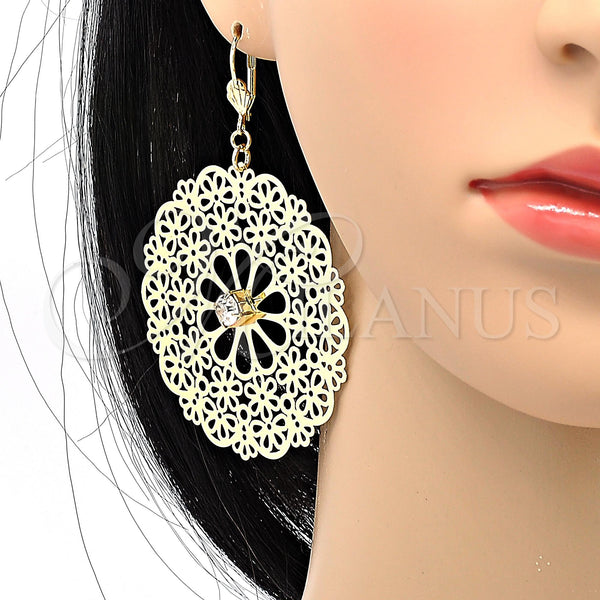 Oro Laminado Dangle Earring, Gold Filled Style Flower and Filigree Design, with White Cubic Zirconia, Polished, Golden Finish, 73.003