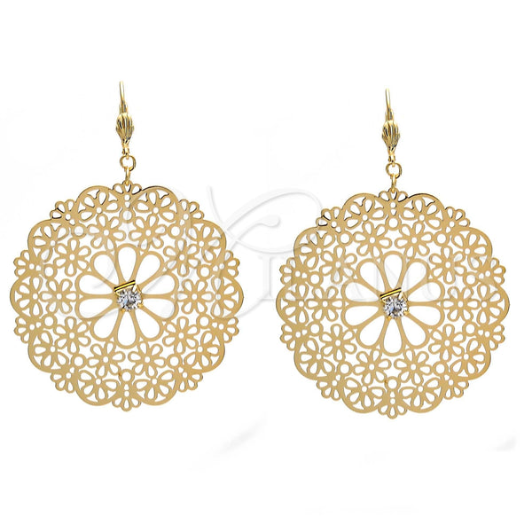 Oro Laminado Dangle Earring, Gold Filled Style Flower and Filigree Design, with White Cubic Zirconia, Polished, Golden Finish, 73.003