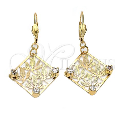Oro Laminado Dangle Earring, Gold Filled Style Leaf Design, with White Cubic Zirconia, Diamond Cutting Finish, Golden Finish, 89.009