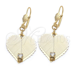 Oro Laminado Dangle Earring, Gold Filled Style Heart Design, with White Cubic Zirconia, Polished, Golden Finish, 73.004