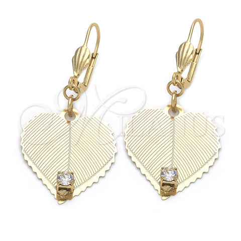 Oro Laminado Dangle Earring, Gold Filled Style Heart Design, with White Cubic Zirconia, Polished, Golden Finish, 73.004