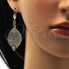 Oro Laminado Dangle Earring, Gold Filled Style Leaf and Filigree Design, with White Crystal, Diamond Cutting Finish, Golden Finish, 68.004