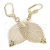 Oro Laminado Dangle Earring, Gold Filled Style Leaf and Filigree Design, with White Crystal, Diamond Cutting Finish, Golden Finish, 68.004