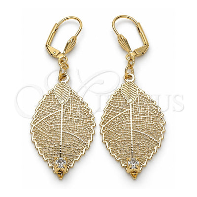 Oro Laminado Dangle Earring, Gold Filled Style Leaf and Filigree Design, with White Crystal, Diamond Cutting Finish, Golden Finish, 68.004