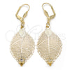 Oro Laminado Dangle Earring, Gold Filled Style Leaf and Filigree Design, with White Crystal, Diamond Cutting Finish, Golden Finish, 68.004