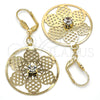 Oro Laminado Dangle Earring, Gold Filled Style Flower Design, with White Crystal, Polished, Golden Finish, 69.004