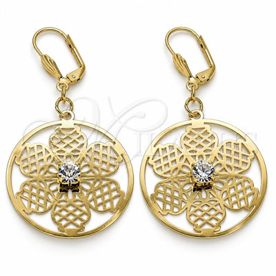 Oro Laminado Dangle Earring, Gold Filled Style Flower Design, with White Crystal, Polished, Golden Finish, 69.004