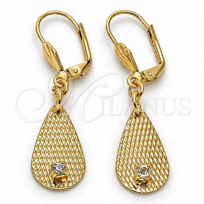 Oro Laminado Dangle Earring, Gold Filled Style Teardrop Design, with White Crystal, Diamond Cutting Finish, Golden Finish, 73.012