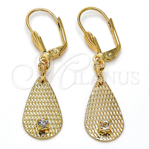 Oro Laminado Dangle Earring, Gold Filled Style Teardrop Design, with White Crystal, Diamond Cutting Finish, Golden Finish, 73.012