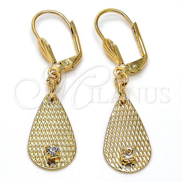 Oro Laminado Dangle Earring, Gold Filled Style Teardrop Design, with White Crystal, Diamond Cutting Finish, Golden Finish, 73.012