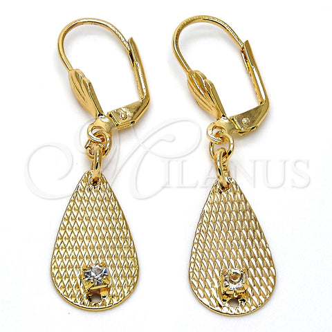 Oro Laminado Dangle Earring, Gold Filled Style Teardrop Design, with White Crystal, Diamond Cutting Finish, Golden Finish, 73.012