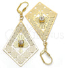 Oro Laminado Dangle Earring, Gold Filled Style Flower Design, with White Crystal, Polished, Golden Finish, 60.004