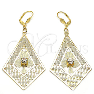 Oro Laminado Dangle Earring, Gold Filled Style Flower Design, with White Crystal, Polished, Golden Finish, 60.004