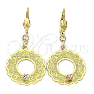 Oro Laminado Dangle Earring, Gold Filled Style Flower Design, with White Cubic Zirconia, Diamond Cutting Finish, Golden Finish, 77.013