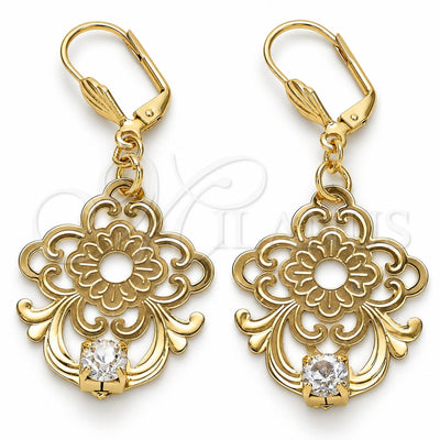 Oro Laminado Dangle Earring, Gold Filled Style Flower Design, with White Crystal, Polished, Golden Finish, 81.013