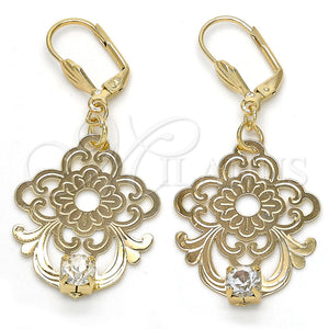 Oro Laminado Dangle Earring, Gold Filled Style Flower Design, with White Crystal, Polished, Golden Finish, 81.013