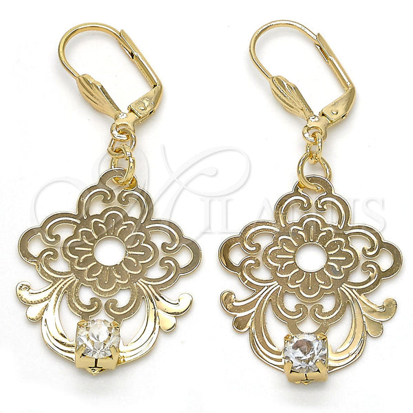 Oro Laminado Dangle Earring, Gold Filled Style Flower Design, with White Crystal, Polished, Golden Finish, 81.013