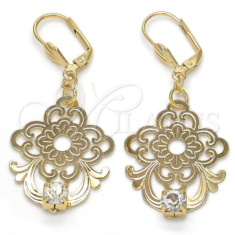 Oro Laminado Dangle Earring, Gold Filled Style Flower Design, with White Crystal, Polished, Golden Finish, 81.013