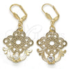Oro Laminado Dangle Earring, Gold Filled Style Flower Design, with White Crystal, Polished, Golden Finish, 81.013