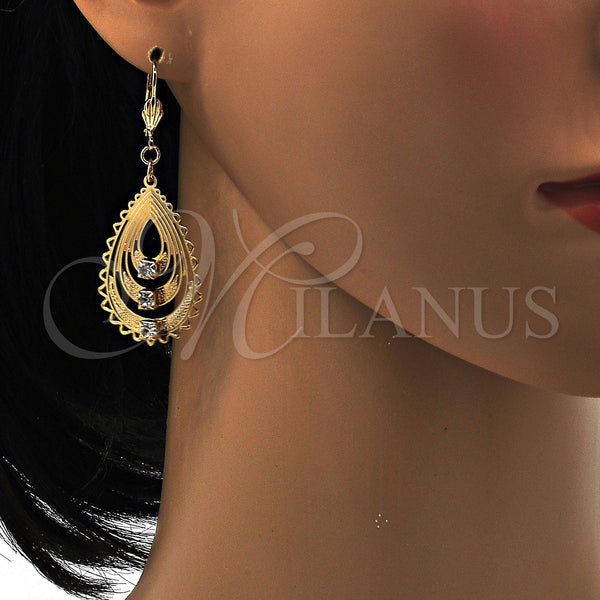Oro Laminado Dangle Earring, Gold Filled Style Teardrop Design, with White Crystal, Polished, Golden Finish, 61.002