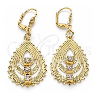 Oro Laminado Dangle Earring, Gold Filled Style Teardrop Design, with White Crystal, Polished, Golden Finish, 61.002