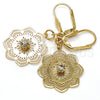 Oro Laminado Dangle Earring, Gold Filled Style Flower Design, with White Crystal, Polished, Golden Finish, 69.005