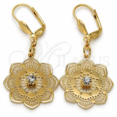 Oro Laminado Dangle Earring, Gold Filled Style Flower Design, with White Crystal, Polished, Golden Finish, 69.005