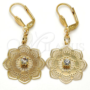 Oro Laminado Dangle Earring, Gold Filled Style Flower Design, with White Crystal, Polished, Golden Finish, 69.005