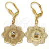 Oro Laminado Dangle Earring, Gold Filled Style Flower Design, with White Crystal, Polished, Golden Finish, 69.005