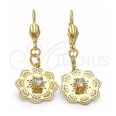 Oro Laminado Dangle Earring, Gold Filled Style Flower Design, with White Cubic Zirconia, Polished, Golden Finish, 69.006