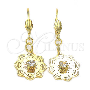 Oro Laminado Dangle Earring, Gold Filled Style Flower Design, with White Cubic Zirconia, Polished, Golden Finish, 69.006