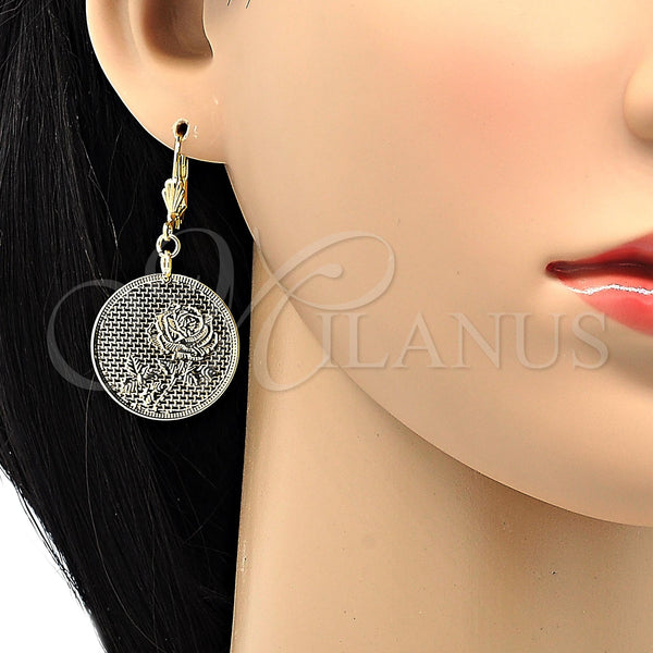 Oro Laminado Dangle Earring, Gold Filled Style Flower Design, Polished, Golden Finish, 69.012