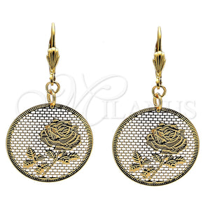 Oro Laminado Dangle Earring, Gold Filled Style Flower Design, Polished, Golden Finish, 69.012