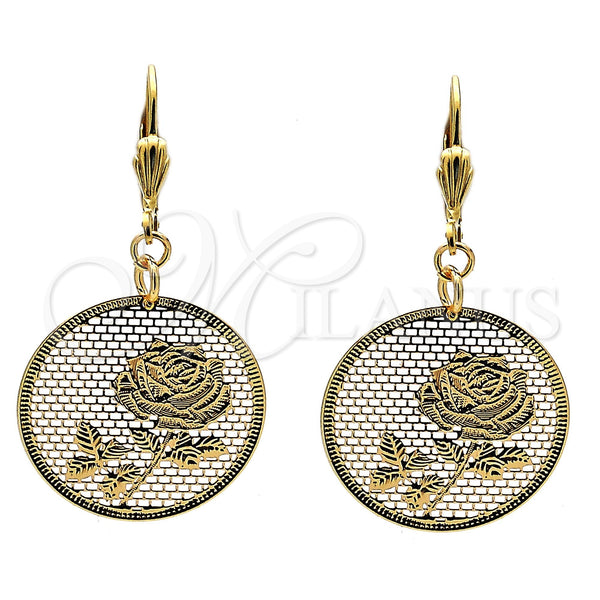 Oro Laminado Dangle Earring, Gold Filled Style Flower Design, Polished, Golden Finish, 69.012