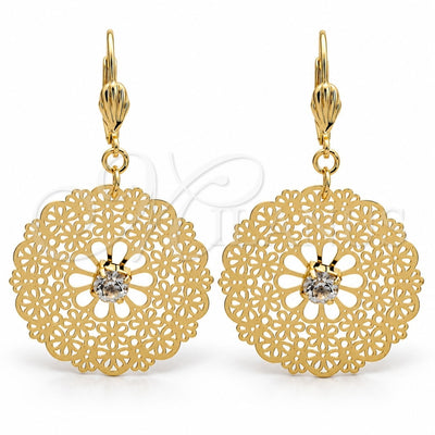 Oro Laminado Dangle Earring, Gold Filled Style Flower and Filigree Design, with White Crystal, Polished, Golden Finish, 61.001