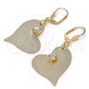 Oro Laminado Dangle Earring, Gold Filled Style Heart Design, with White Crystal, Diamond Cutting Finish, Golden Finish, 77.002