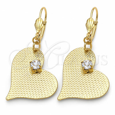 Oro Laminado Dangle Earring, Gold Filled Style Heart Design, with White Crystal, Diamond Cutting Finish, Golden Finish, 77.002