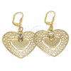 Oro Laminado Dangle Earring, Gold Filled Style Heart Design, with White Crystal, Diamond Cutting Finish, Golden Finish, 69.013